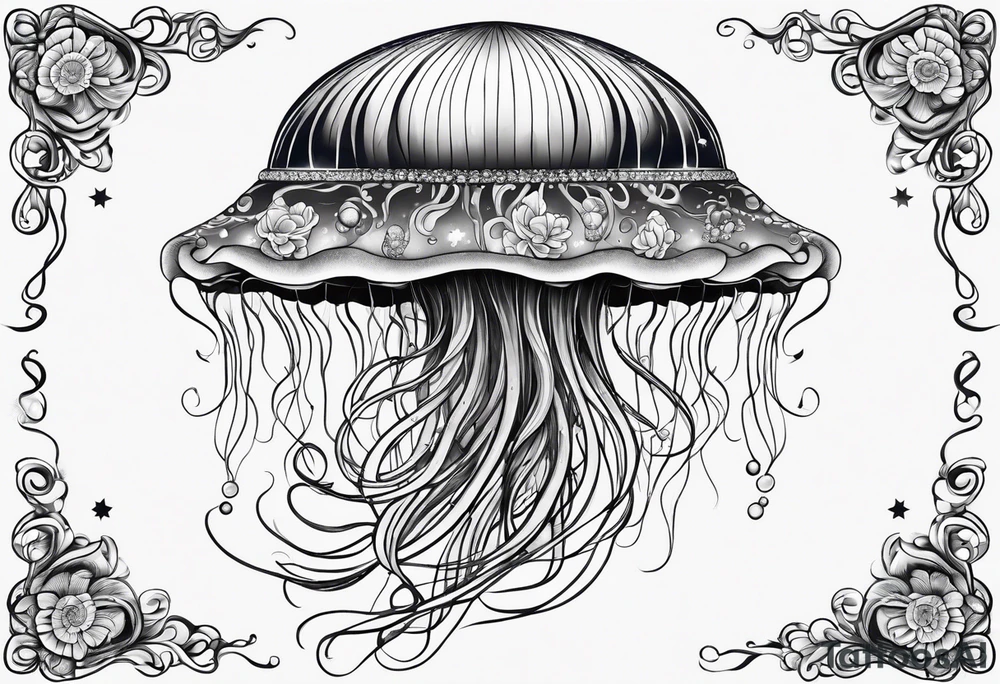 Stars, nebulas, and galaxys are inside a long slender jellyfish tattoo idea