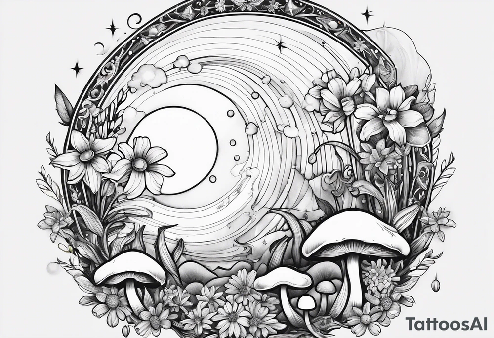 moon with crystals, mushrooms, and lily’s and daisy’s tattoo idea