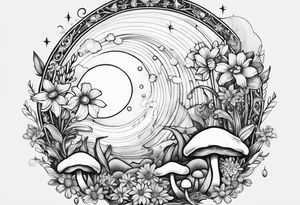 moon with crystals, mushrooms, and lily’s and daisy’s tattoo idea