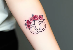 Celtic Trinity knot with a flower crown going through it made out of tiny maroon and blush pink colored roses tattoo idea