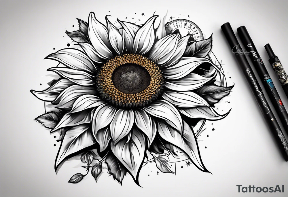 Sunflower next to a compass tattoo idea