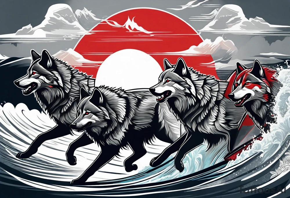 a pack of howling muscular  gray wolves surfing with a tropical background with red white and black and gray tattoo idea