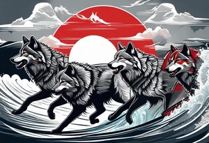 a pack of howling muscular  gray wolves surfing with a tropical background with red white and black and gray tattoo idea