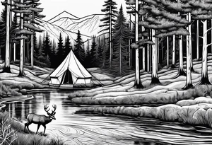Pine forest with a tent and a buck deer and a river tattoo idea