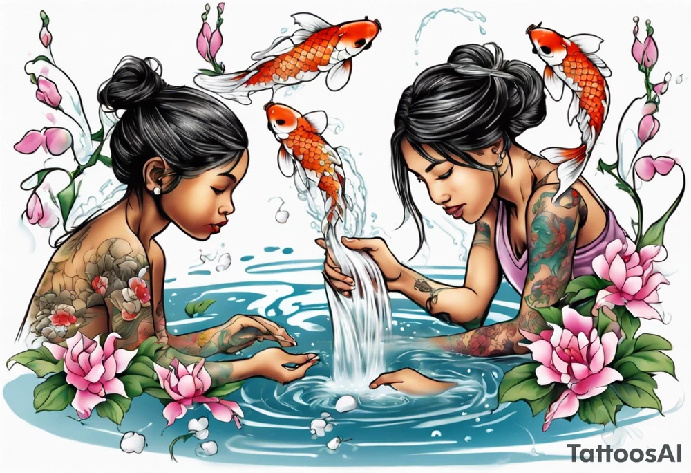 ethnic 
woman and two little boy, watering sweet pea flowers cascading down, surrounding a pond with 2 koi fish swimming tattoo idea