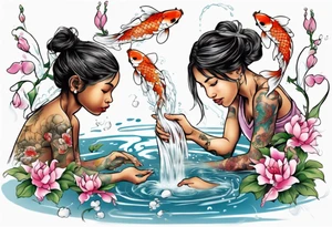 ethnic 
woman and two little boy, watering sweet pea flowers cascading down, surrounding a pond with 2 koi fish swimming tattoo idea