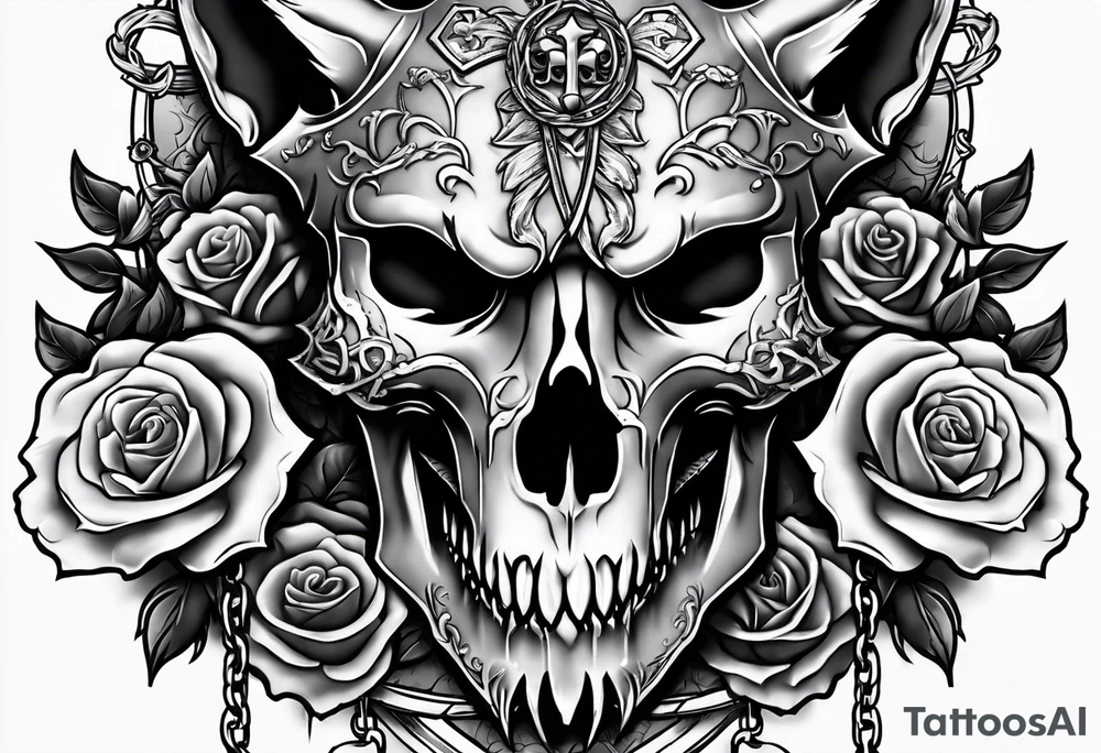 Wolf skull with chains in it's mouth in front of a sword and roses underneath tattoo idea