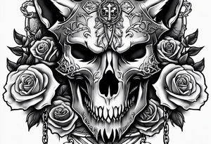 Wolf skull with chains in it's mouth in front of a sword and roses underneath tattoo idea
