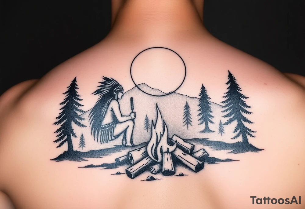 Native americans by campfire silhouette in moonlight in nature tattoo idea