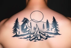 Native americans by campfire silhouette in moonlight in nature tattoo idea