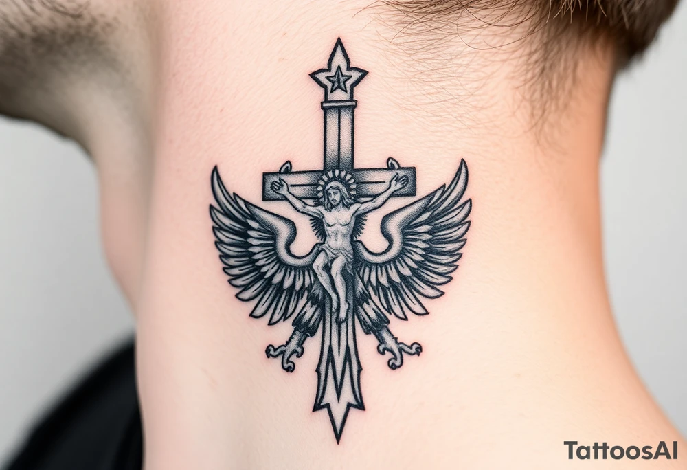 Traditional orthodox ICXC Christian cross with Jesus Christ on the cross also with the foot rest part of the cross in a Russian double headed eagle Kremlin setting tattoo idea