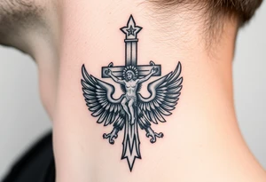 Traditional orthodox ICXC Christian cross with Jesus Christ on the cross also with the foot rest part of the cross in a Russian double headed eagle Kremlin setting tattoo idea