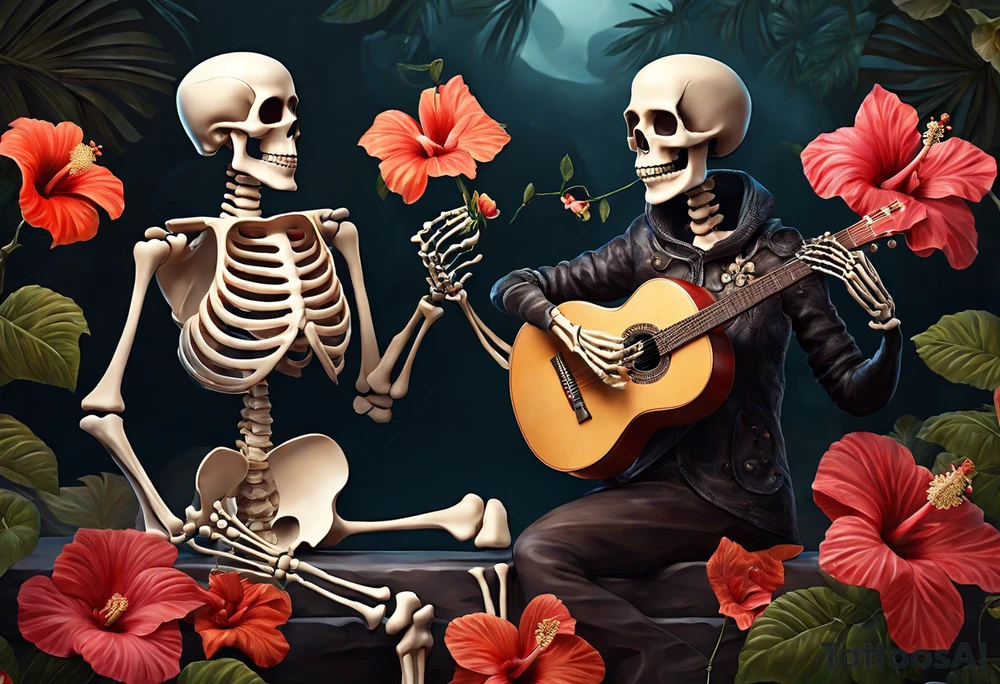 a female skeleton holding a hibiscus flower and a male skeleton playing a guitar. The scene should capture a moment of connection between the two, with the female skeleton attentively listening to the music played by the male skeleton. Emphasize the details of the hibiscus flower,  and the fluidity of the music being played on the guitar. tattoo idea