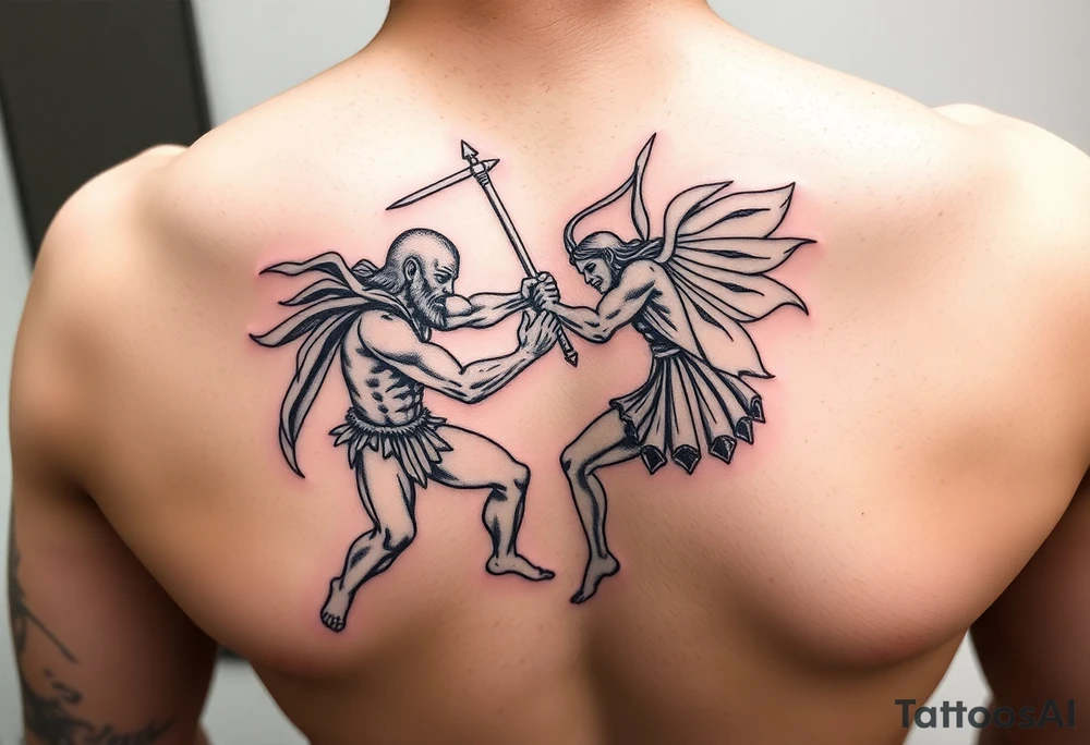 powerful greek mythology fight scene tattoo idea