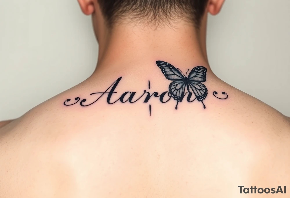 the name aaron on the hand with a butterfly and a semicolon tattoo idea