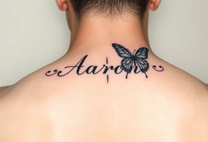 the name aaron on the hand with a butterfly and a semicolon tattoo idea