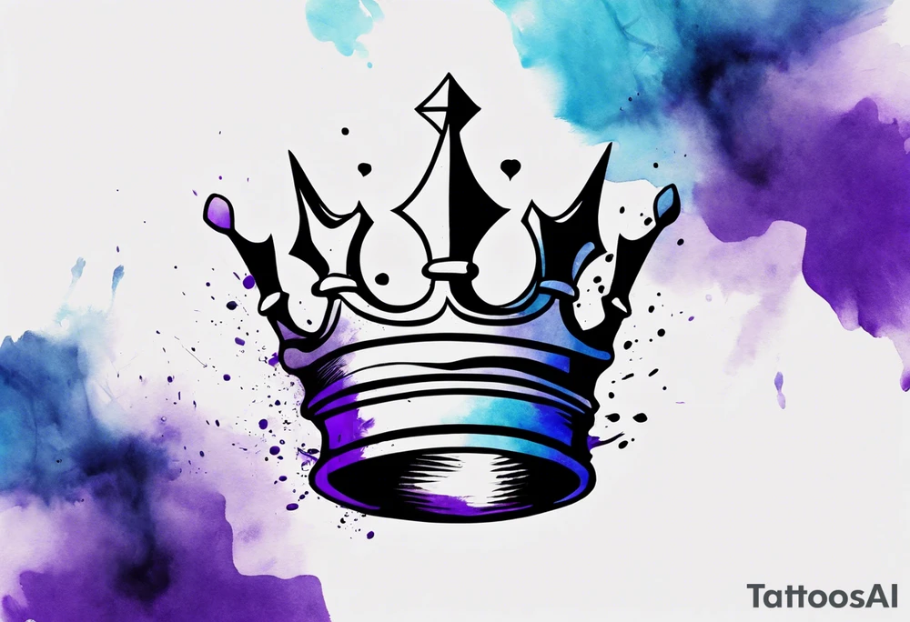 A tattoo of a minimalistic black crown and some negative space on a water color background of purple and blue. tattoo idea