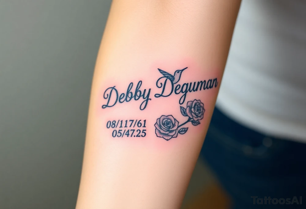 Tattoo of the exact name Debby Deguzman in chunky curly cursive with the exact dates of 08/17/61-05/29/25 surrounded by 1 hummingbird and 1 rose tattoo idea