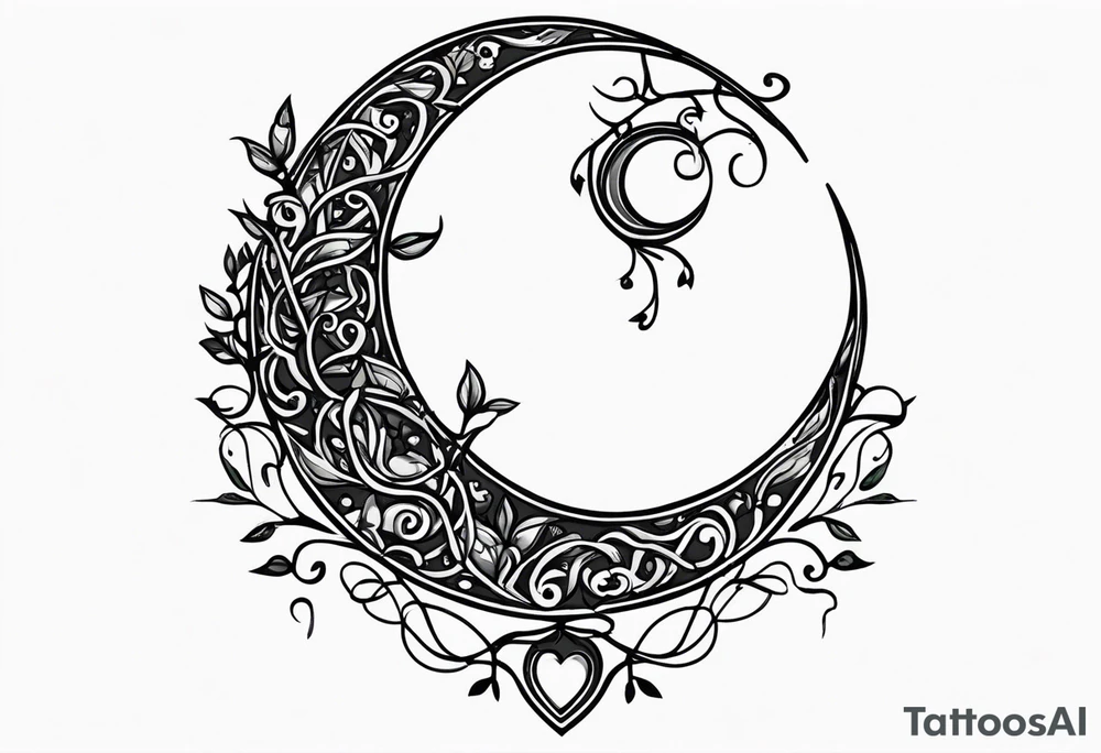 Crescent moon with a love heart inside with vines creeping down it tattoo idea