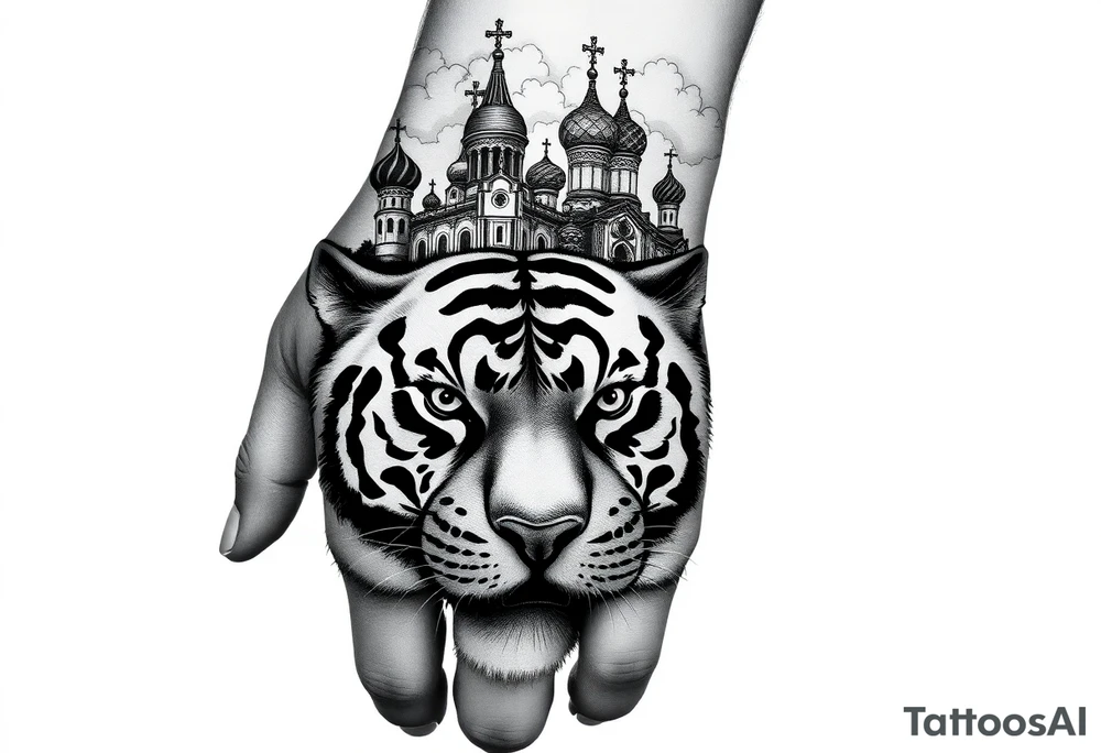 Realistic tiger face on the back of the hand with strong contrast and fine detail with all black eyes. then a highly detailed Russian Orthodox cathedral sitting above on the top fore arm with onion domes and orthodox crosses, done in fine line, engraving-like style. Cohesive composition, black ink only, no color, high contrast, slightly aged, documentary-style, plain light background. with clouds above and a virgin mary tattoo idea