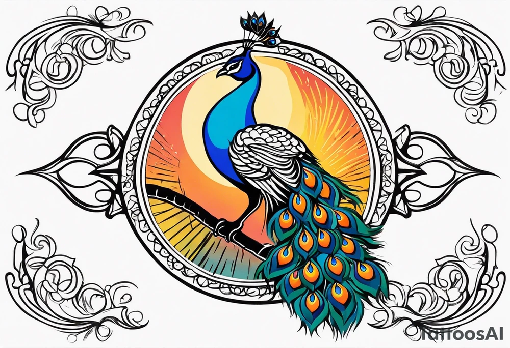 Colorful peacock over a sublime style sun standing in a stick with a horseshoe over the top of the peacock to each side of the stick tattoo idea