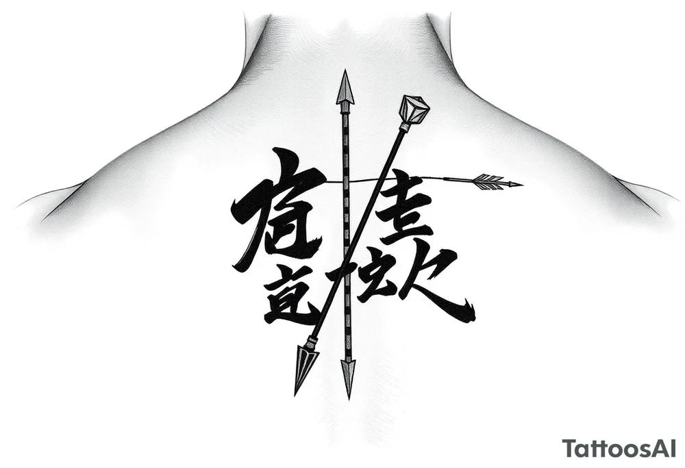 japanese writing with bow and arrow on chest tattoo idea