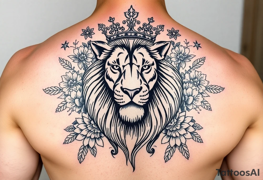 powerful majestic lion with a crown, surrounded by floral ornaments and birds tattoo idea