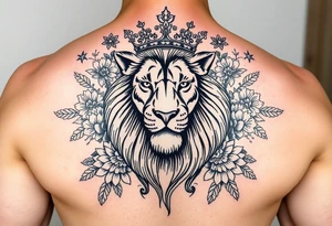 powerful majestic lion with a crown, surrounded by floral ornaments and birds tattoo idea