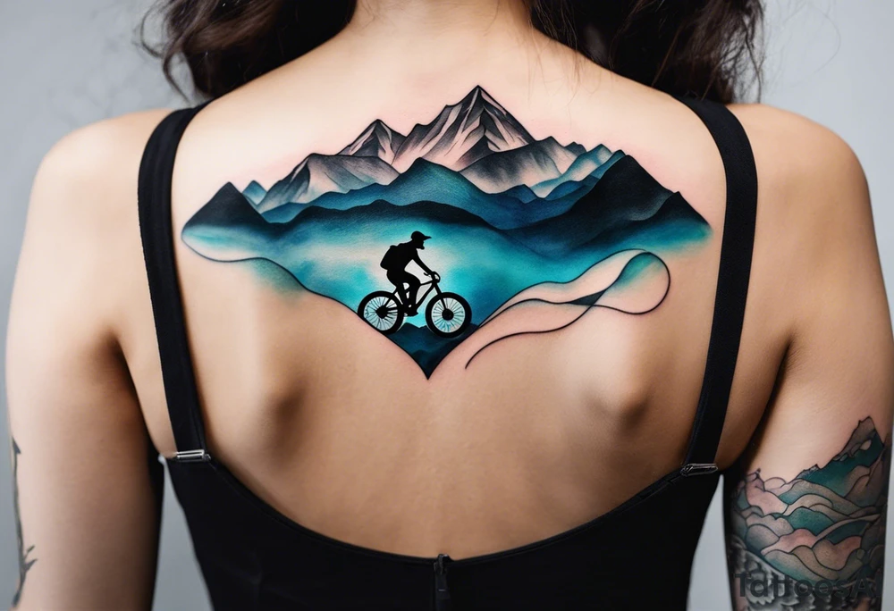 This is a minimalistic tattoo that is split into 2 sections; a top half and a bottom half. The top half is a mountain in Norway with a mountain bike trail winding down the mountain. The bottom half of the tattoo depicts an underwater scene featuring water, and sea life. tattoo idea