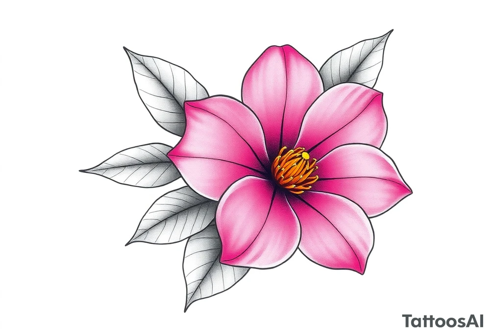 pink camelia flower with leaves and stem tattoo idea