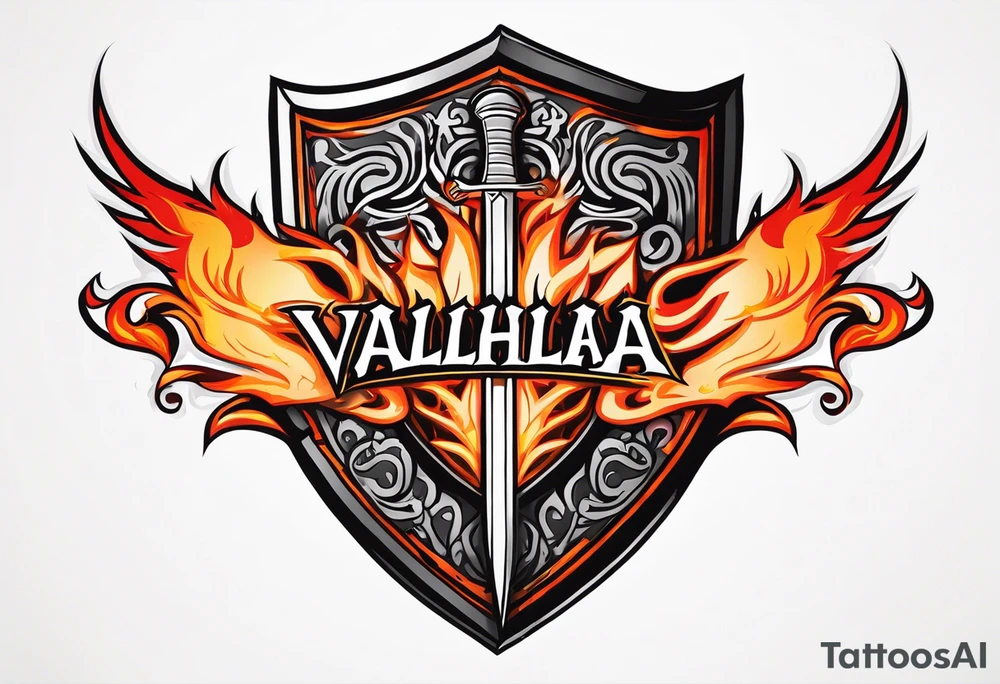 Valhalla on  fire shield sword tattoo idea