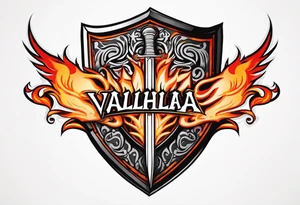 Valhalla on  fire shield sword tattoo idea