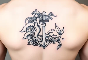 mermaid and waves with an anchor tattoo idea