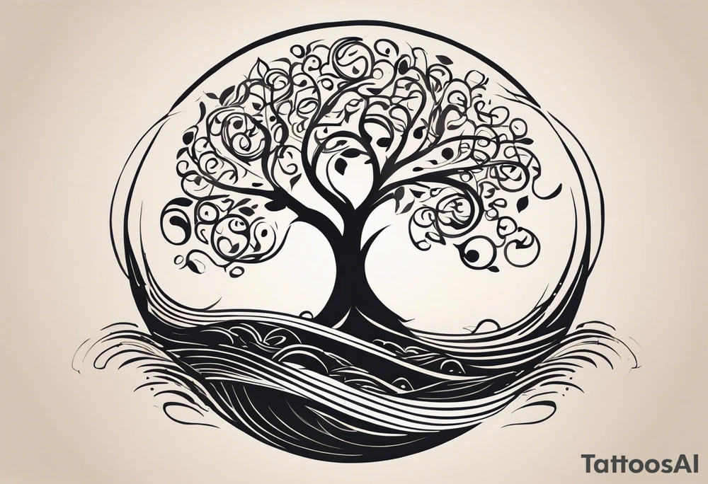 A tattoo design that incorporates the following elements: an abstract tree of life that has roots emerging  from the ground. Waves of water encapsulate the tree and wind around it in an organic way.  Incorporate music.   the letters U and A are overlapping and engraved into the tree. a golf ball incorporated but not prominent. tattoo idea