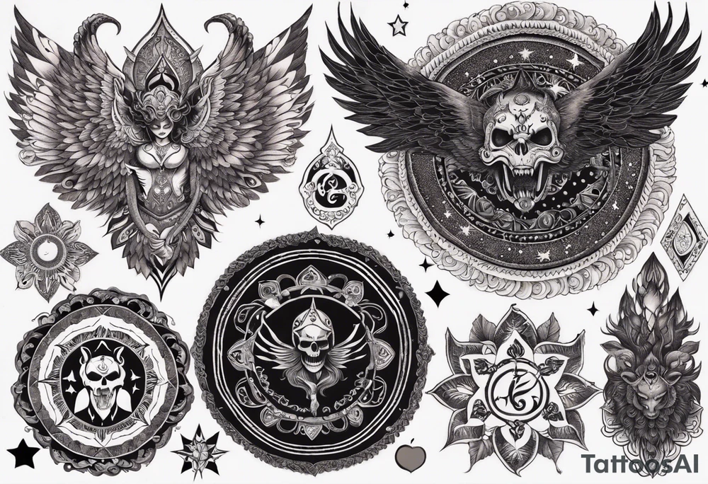 black kali, goddess pirate, alien, angel, pachamama, valkrye, warrior, flying, skull, lotus azul, wing, eagle, zenza resonance, stars, 5D, anahata chakra, death, durga, riding on a tiger, flying lady, kundalini, chest tatoo tattoo idea