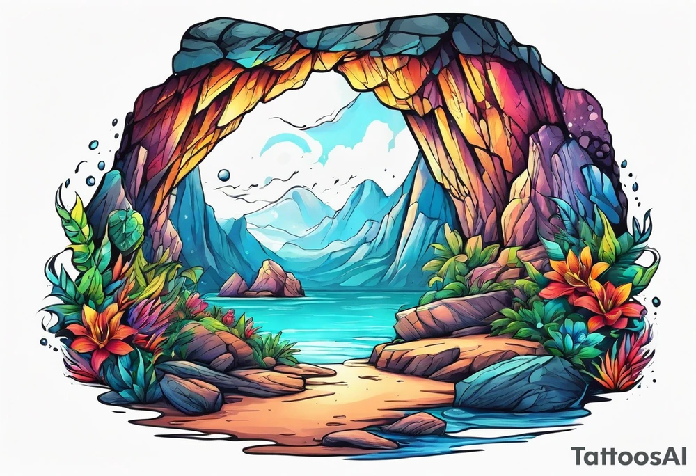 Colorful cave with water tattoo idea