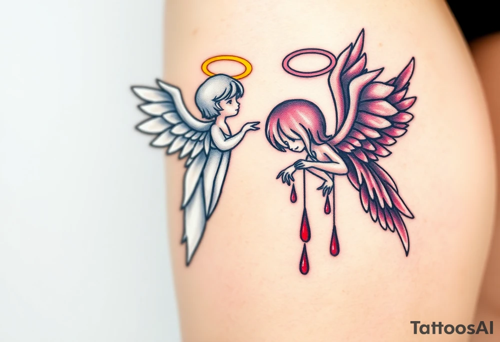 Seraphim angel, with brilliant white wings that shine with golden accents and divine light, is contrasted with a fallen angel, whose wings are tattered and darkened with deep purples, reds, and blacks, dripping with sorrowful tears of blood. tattoo idea
