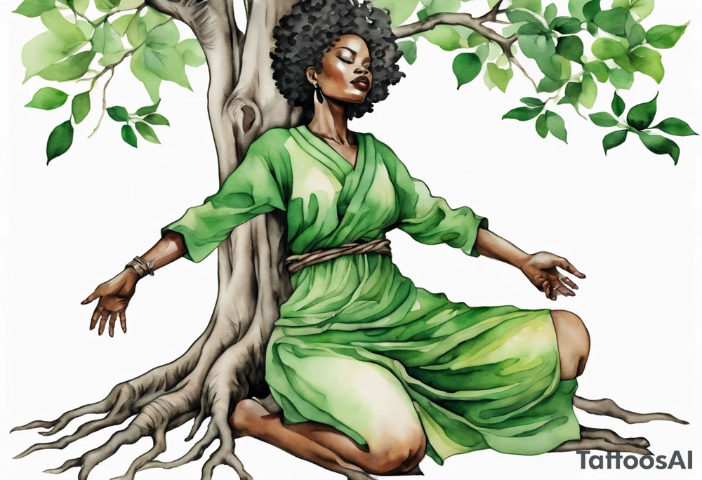 a tree trunk with roots that is a black woman from the waist up, feet made of tree roots, wearing a green tunic, arms reaching upward tattoo idea