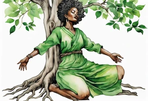 a tree trunk with roots that is a black woman from the waist up, feet made of tree roots, wearing a green tunic, arms reaching upward tattoo idea