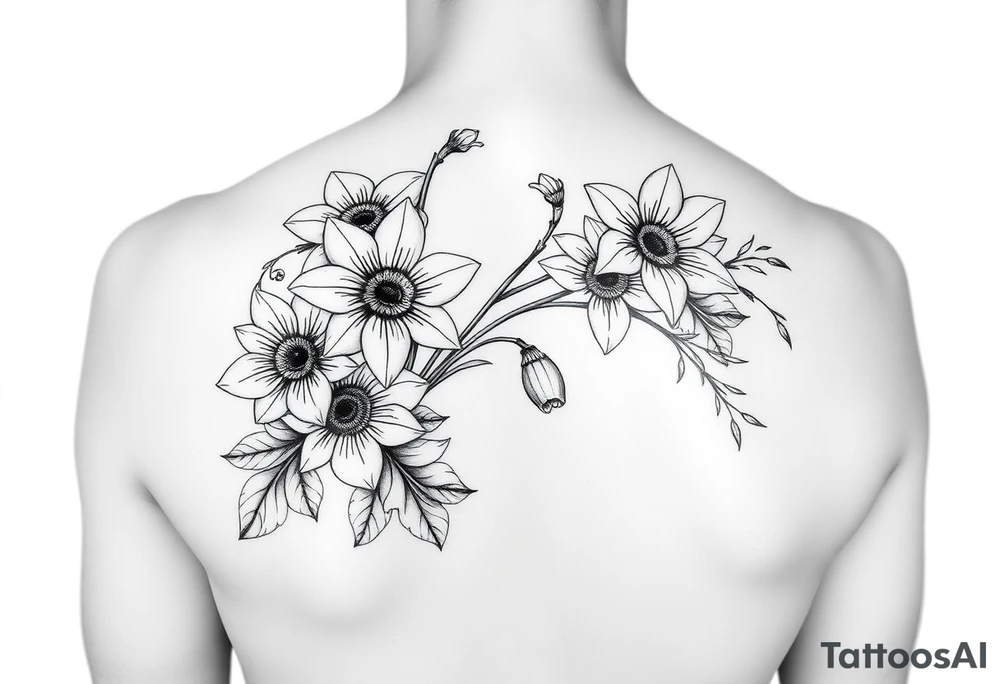 realistic daisies, daffodils, lily of the valley covering upper arm for woman tattoo idea