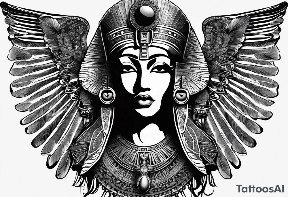 black and white Egyptian goddess Isis, who is often depicted as a woman with outstretched wings, holding an ankh (a symbol of life) in one hand and a lotus flower in the other. Her headdress often includes a throne or a solar disk. The tattoo design can vary in style and size, but it typically aims to capture the essence of this revered Egyptian deity, emphasizing her beauty, power, and maternal qualities. The choice of colors and additional elements can also be customized to create a unique and visually striking representation of the goddess Isis tattoo idea