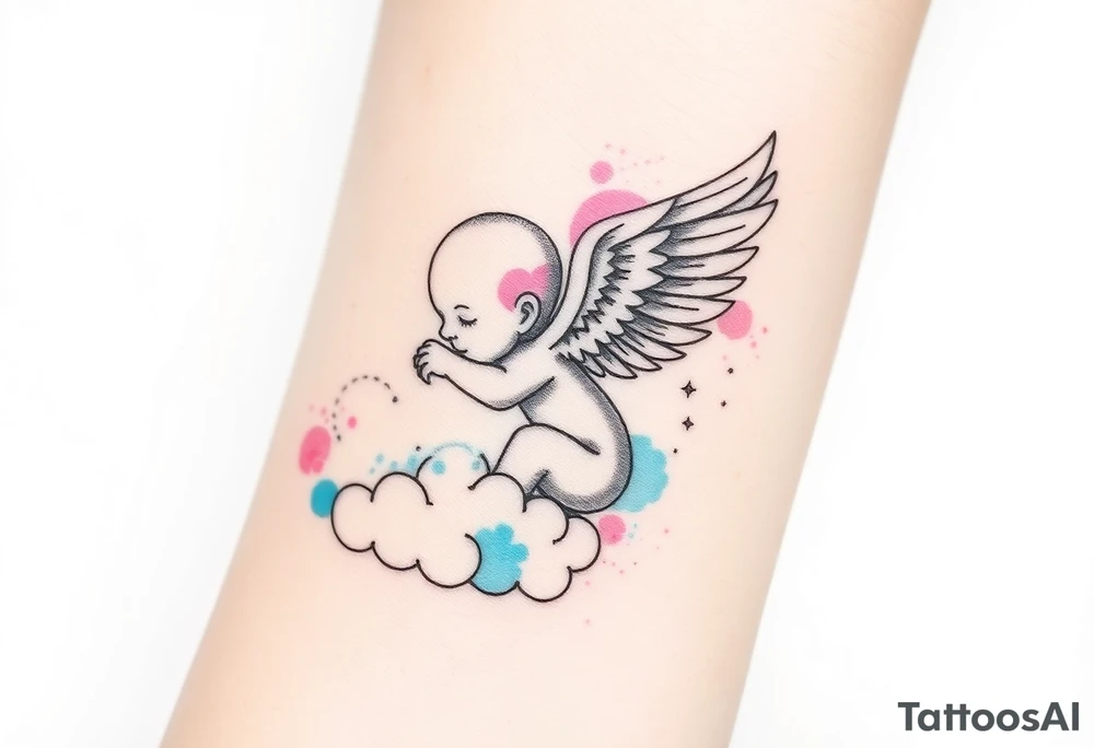 Winged baby, blue and pink watercolor, clouds tattoo idea