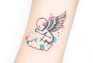 Winged baby, blue and pink watercolor, clouds tattoo idea