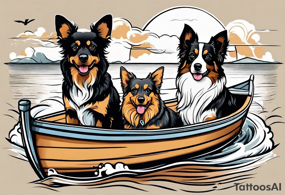 two dogs in a boat. One dog is tan with big ears like a chihuahua. The other dog is black and white and looks like an australian shepherd with floppy ears tattoo idea