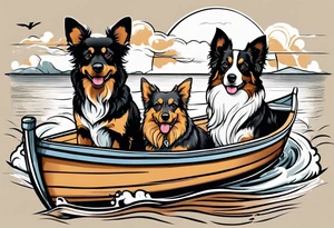 two dogs in a boat. One dog is tan with big ears like a chihuahua. The other dog is black and white and looks like an australian shepherd with floppy ears tattoo idea