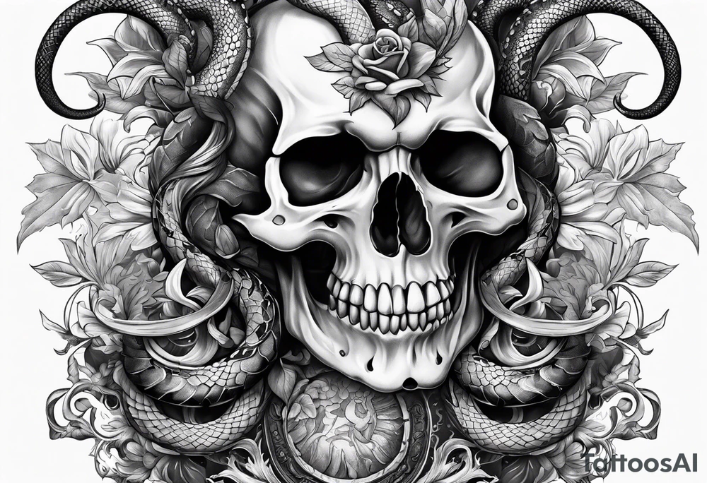 skull with horns and snake tattoo idea