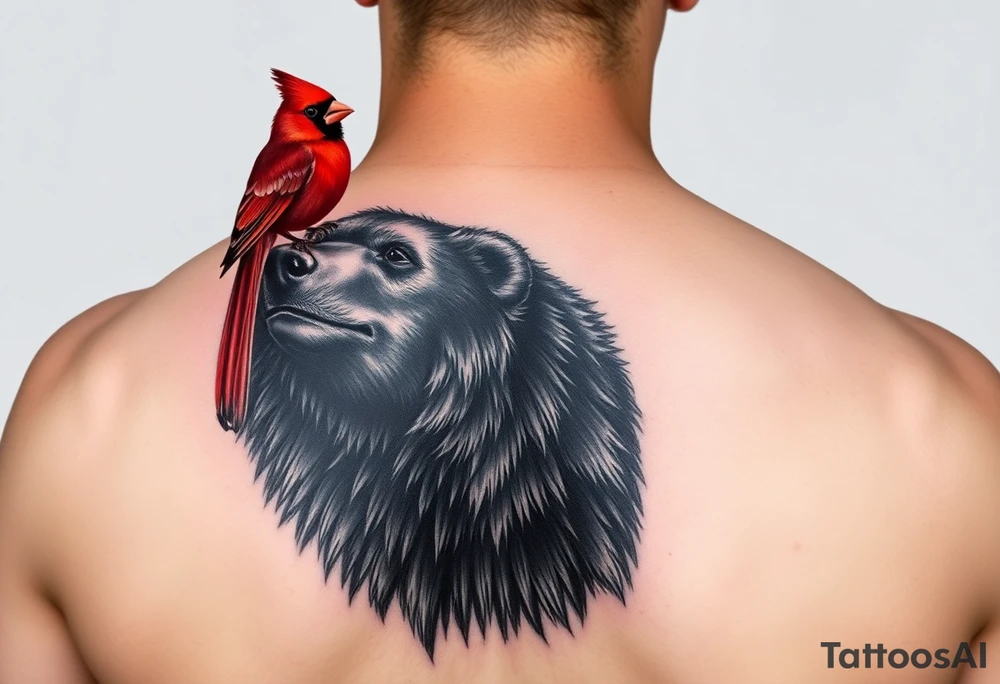 Realistic bright red cardinal perched on the shoulder of a realistic black bear. tattoo idea
