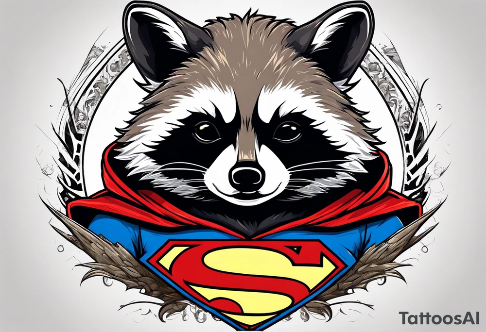 raccoon wearing a Superman hoodie tattoo idea