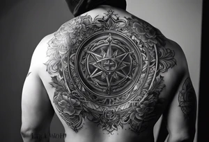 A tattoo that is placed on the upper back of a male. It should represent catholic religion, discipline, pain and the love to animals. tattoo idea