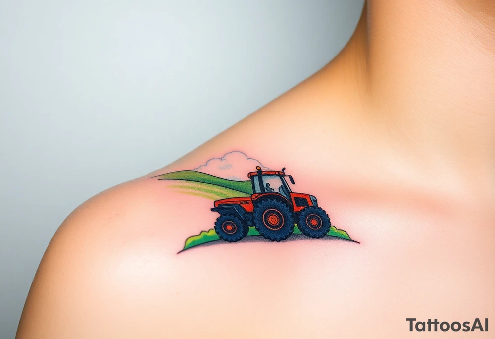 A tractor surrounded by rolling green hills, under a bright blue sky with white fluffy clouds tattoo idea